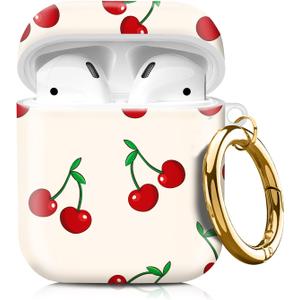 Compatible with AirPod 1/2 Case Cover with Golden Keychain, TPU Protective Shockproof Case for AirPod 1st&2nd Generation for Girls WomenCute Cherry Beige