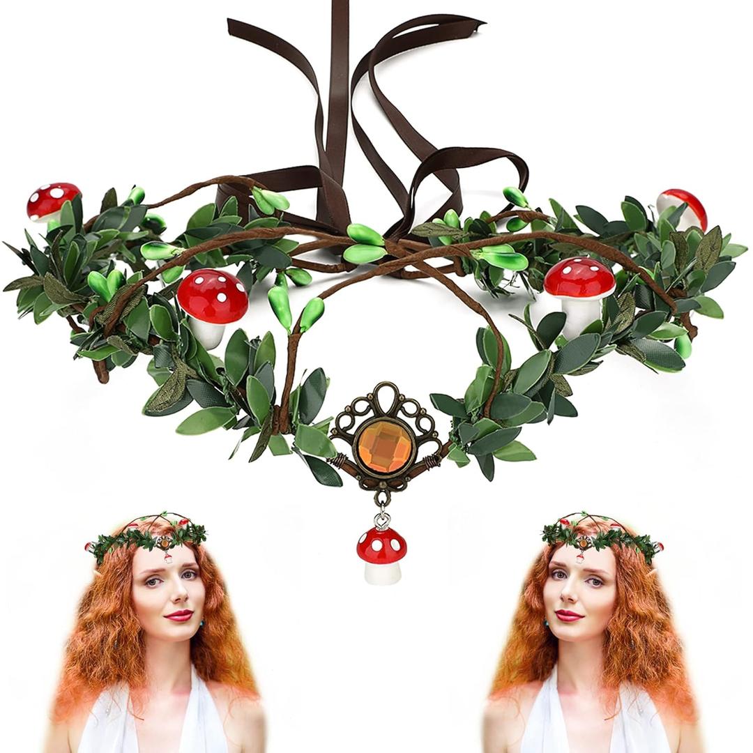 MOSTORY Green Flower Mushroom Headpiece - Woodland Fairy Crown Elf Circlet Forest Tiara for Women Girls Renaissance Carnival Marid Gras Cosplay Photo Shoot (Pendant Crystal)