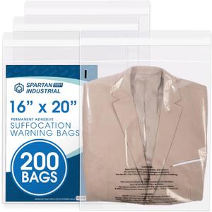 Spartan Industrial - 16" X 20" (200 Count) Self-Seal Clear Poly Bags With Suffocation Warning for Packaging, Blankets, Clothing - Permanent Adhesive