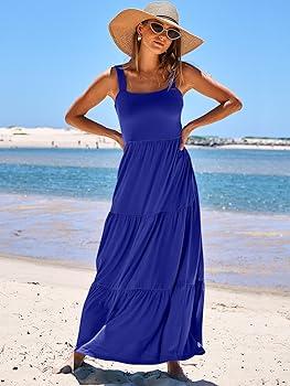 ANRABESS Women Summer Casual Dresses Sleeveless Button Down Tank Sundress Flowy Tiered Swing Mini Beach Vacation Dress Blue X-Large