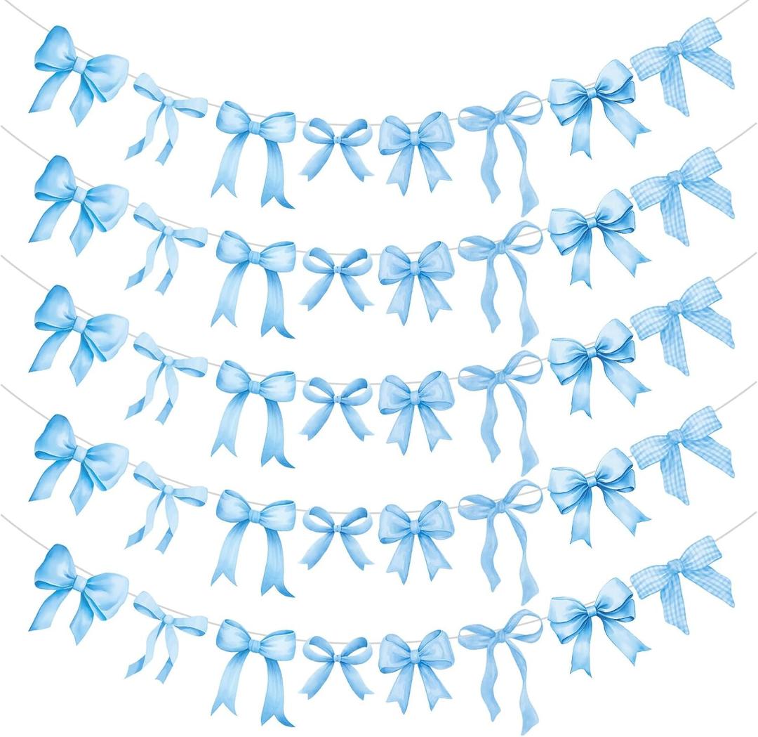Pasimy 5Pcs Blue Bow Garland Banner Coquette Bow Birthday Party Decoration Ribbon Garland for Women Baby Shower Gender Reveal Wedding Bridal Engagement Proposal Coquette Party Decoration Supplies