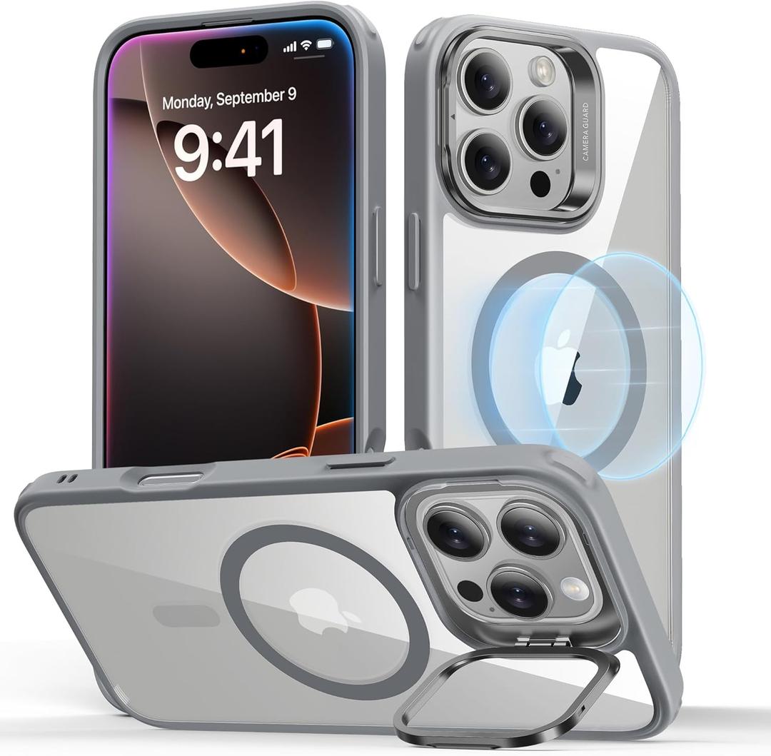 ESR for iPhone 16 Pro Max Case, Compatible with MagSafe, Military-Grade Protective Case, Built-in Stash Stand Phone Case, Scratch-Resistant Back Cover, Classic Series, Clear Grey