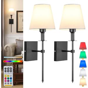 Wall Lights Battery Operated Wall Sconces Set Of 2,Black Rechargeable Wall Light With Wireless Remote Dimmable,12 Colors Modes Cordless Battery Sconce Indoor Wall lamp for Bedroom Living Room Hallway