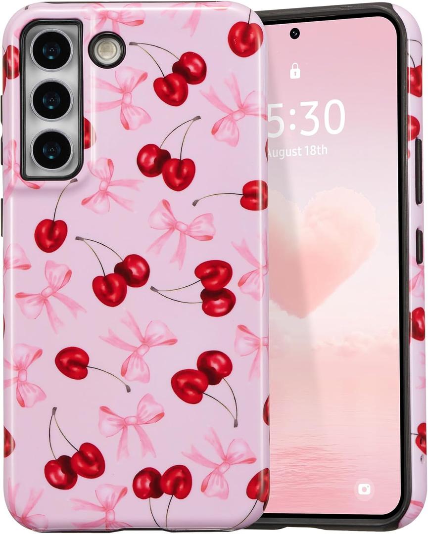 DEFBSC Case for Samsung Galaxy S22, Cute Pink Bow Cherry Print Aesthetic Trendy Pattern for Women Girls Slim Durable Bumper Shockproof for Samsung Galaxy S22 Case, Pink Ribbon/Glossy