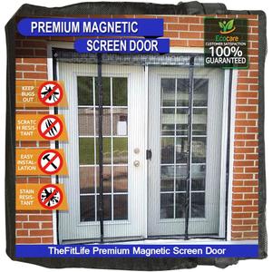 TheFitLife Double Door Magnetic Screen - Mesh Curtain with Full Frame Hook & Loop Powerful Magnets, Snap Shut Automatically for Patio, Sliding Or Large Door, Black Fits Doors up to 72''x80'' Max