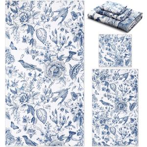 Preboun 3 Pack Blue White Floral Bathroom Towel Set Absorbent Fingertip Towels for Bathroom & Gym