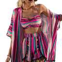 Verdusa Women's 3 Piece Outfits Short Sleeve Open Front Kimono and Boho Cami Top and Tassel Trim Tropical Shorts Set (Pink)