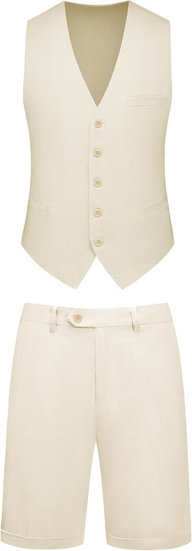 Mens 2-Piece Linen Summer Suit - Beach Wedding Guest Outfit with Vest and Shorts Set (Small, Beige) Mens 2-Piece Linen Summer Suit - Beach Wedding Guest Outfit with Vest and Shorts Set (Small, Beige)