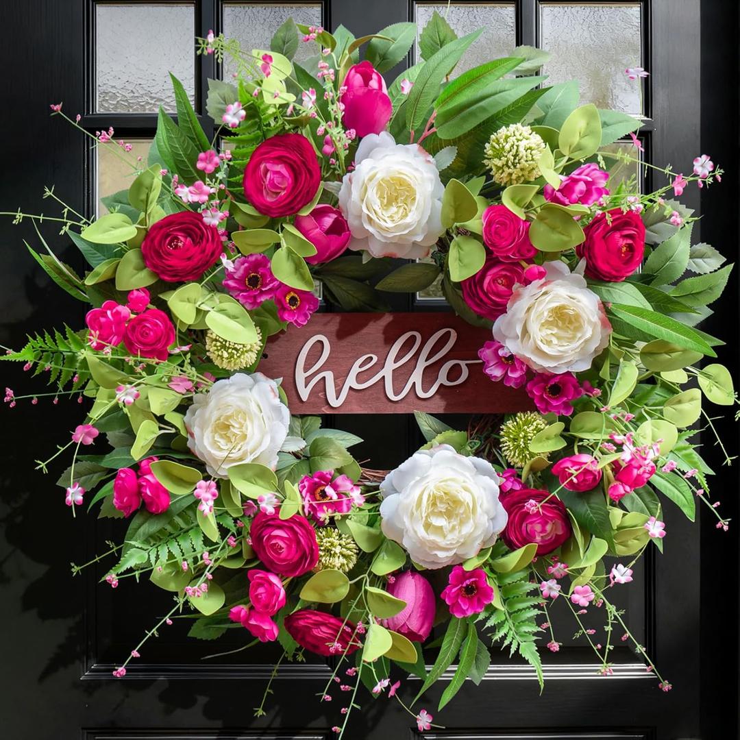 Pinkpuii Spring Wreaths for Front Door Outside 24 Inch Spring Summer Wreath with Vibrant Pink Peony,Tulip & White Rose Flowers and Hello Wooden Sign,Ideal for Farnhouse Porch,Wall,Window Dcor