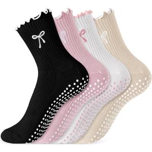 Jeyiour 4 Pairs Cute Pilates Grip Socks for Women, Ruffle Non Slip Crew Grippy Yoga Socks with Bow for Gym Ballet Barefoot (Black/White/ Pink/Beige)