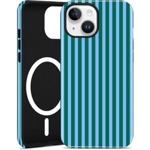 Magnetic Striped Phone Case for iPhone 15, Compatible with MagSafe, Cute Blue Green Aesthetic Stripe Soft TPU and Hard PC Shockproof Protective Phone Cover for Women Girls