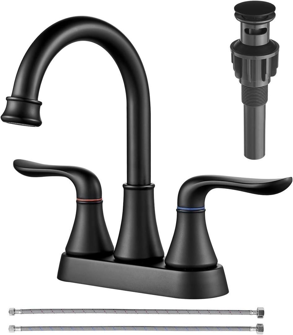 Bathroom Faucets for Sink 3 Hole, 4 inch Matte Black with Pop-up Drain and 2 Supply Hoses 2 Handle Centerset Faucet for Sink Vanity