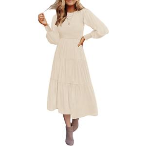 ZESICA Women's Casual Long Sleeve Crew Neck High Waist Smocked Flowy Tiered Midi Dress (Large, Beige)