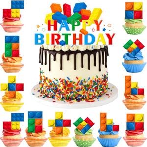 25 Pcs Building Blocks Cake Toppers Set, 24 Pcs Block Birthday Party Cupcake Toppers 1 Pcs Cake Topper Cake Decorations for Building Block Building Party Decoration