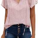 Women's Short Sleeve Casual Shirts Boho Floral Print V Neck Tops Loose Blouses (M)