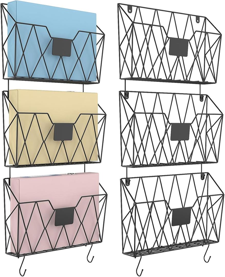 YBING Wall File Organizer Mesh Hanging Wall-mount Files Holder 6 Pack Hanging Wire Magazine Rack and Mail Holder with Hooks Office Wall Organizer for Papers Folders Files Clipboard Black