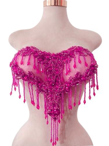 Handmade Crystal on lace Applique Sewing Rhinestones Fringe Beads Sequins Patches Trim Luxury Decoration Accessories for Wedding Dress 17X12.5inches (Rose red)