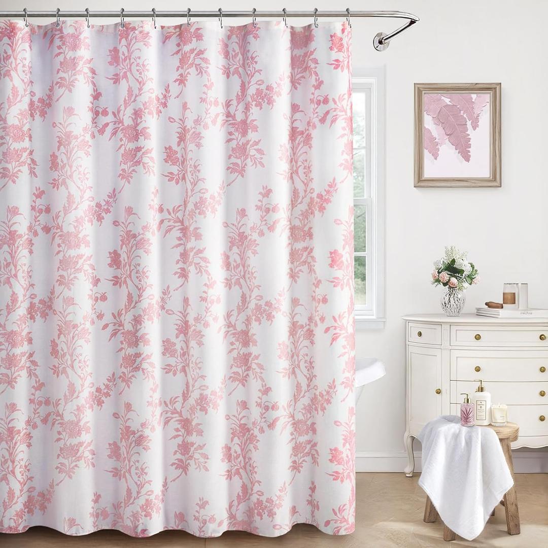 Pink Floral Shower Curtain,Vintage Cotton Cottagecore Shower Curtains for Bathroom, 72" W x 72" L, Standard 72"W x 72"L