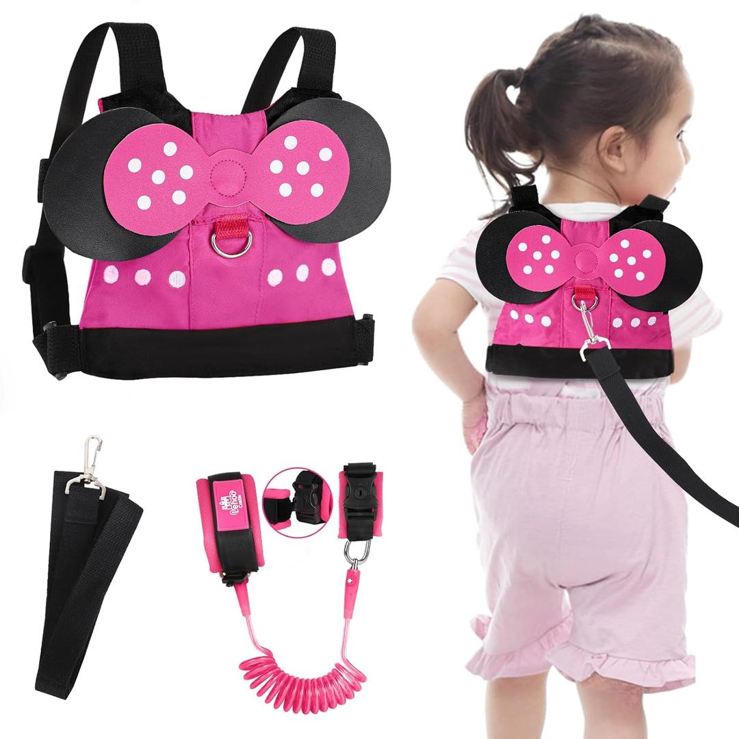 Lehoo Castle Toddler Leash for 1-5 Years, Baby Safety Harness for Girls with Anti-Lost Key Lock & Adjustable Strap, 3-in-1 Wrist Leash and Kids Backpack Harness for Walking Travel (Pink Minnie Mouse)