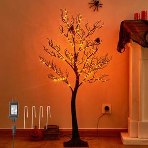 Halloween Tree with Lights Plug in 4FT 150 Orange Fairy Lights, Lighted Black Spooky Tree for Indoor Outdoor Home Fall Halloween Decoration