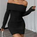 GORGLITTER Women's Off The Shoulder Sweater Dress Folded Neck Long Sleeve Knitted Bodycon Mini Dresses Fall Trendy (Black, S)