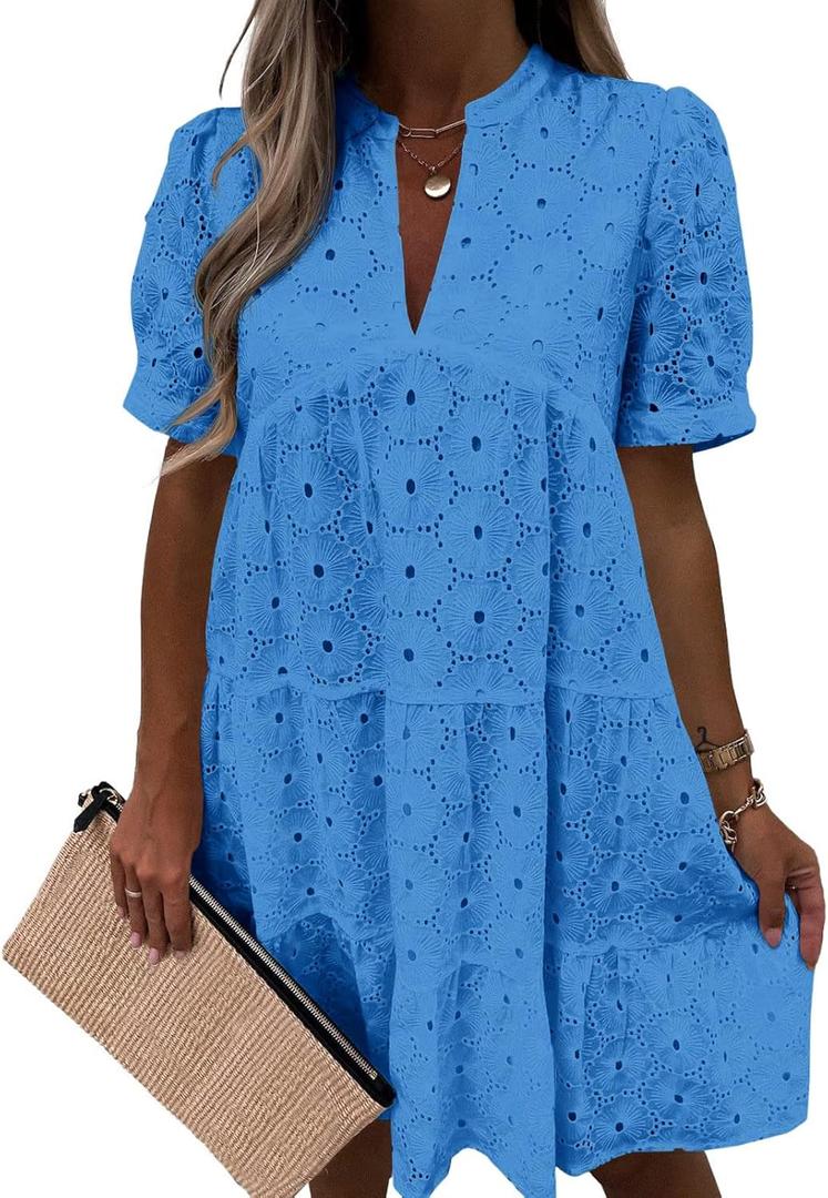 Imily Bela Womens Summer Lace Dresses Eyelet Casual Flowy Babydoll Swing Short Sleeve V Neck Tunic Dress (Small, Lake Blue)