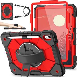 Case for iPad 10th Generation 10.9 Inch 2022 / iPad A16 Case 11 Inch 2025 with Screen Protector 10th Gen Cover for Kids Pencil Holder 360 Rotating Stand Shoulder Strap, Black Red