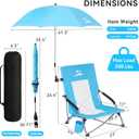 2PCS Folding Beach Chair with Umbrella, Low Profile Portable Sand Chair for Adults, Breathable Mesh Beach Seat with Cup Holder, Heavy Duty Lightweight Camping Chair for Travel, Ocean Blue