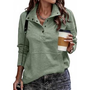 SHEWIN Women's Casual Long Sleeve Stand Neck Sweatshirt Lightweight Button Drawstring Pullover Tops