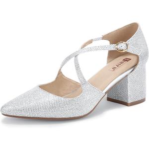 IDIFU Silver Heels for Women Women's Lynn Dress Low Heeled Pumps Closed Pointed Toe Block Chunky Heel Cross Strap Wedding Bridal Party Office Shoes(Silver Glitter, 8.5)