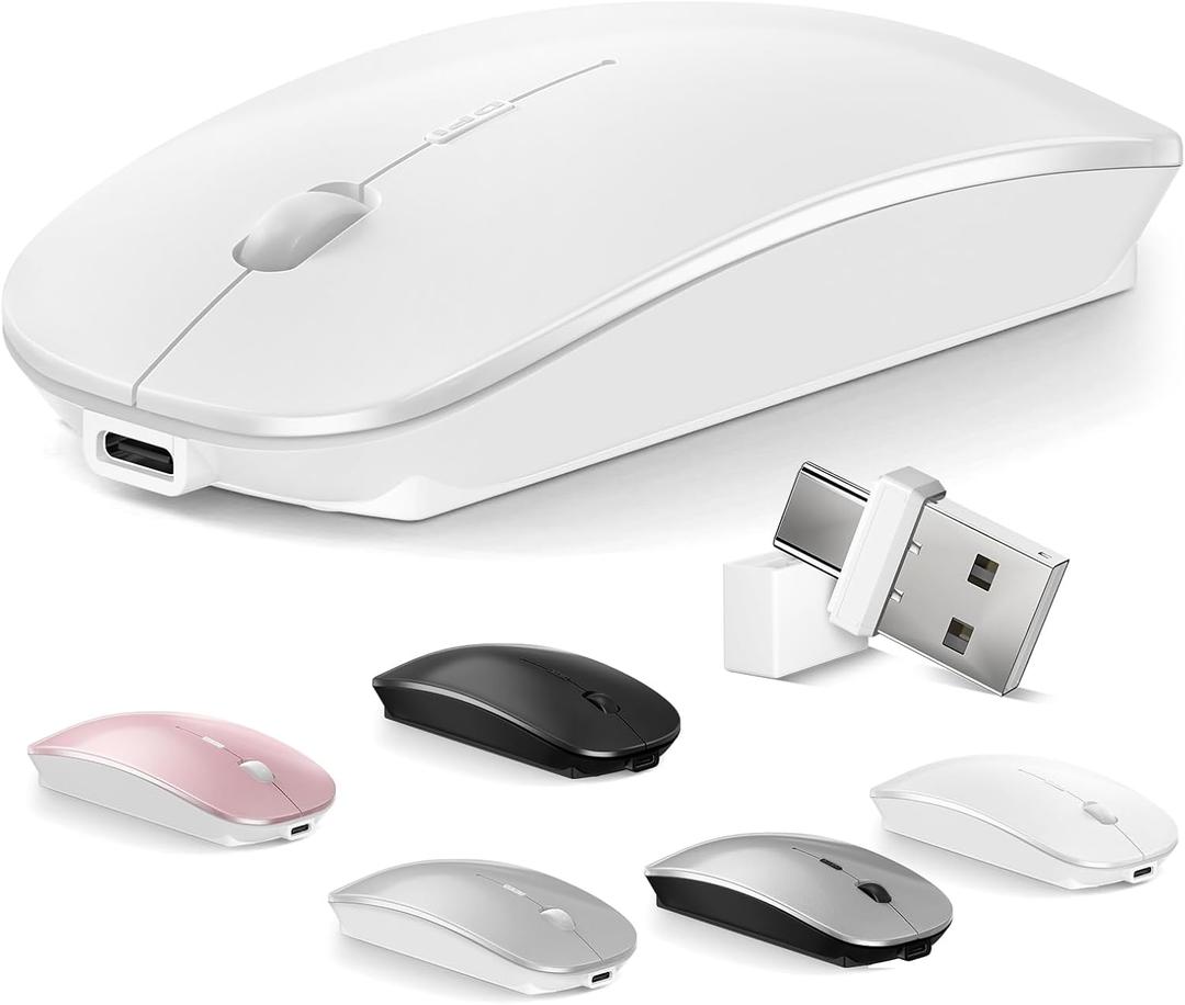 Normdecos Mouse for MacBook Wireless Bluetooth Mouse Laptop MacBook Air Mac Pro Rechargeable Silent PC iPad Optical Mice with Dual Mode Switch Bluetooth 5.2/3.0 and 2.4GHz USB Type-C Receiver White