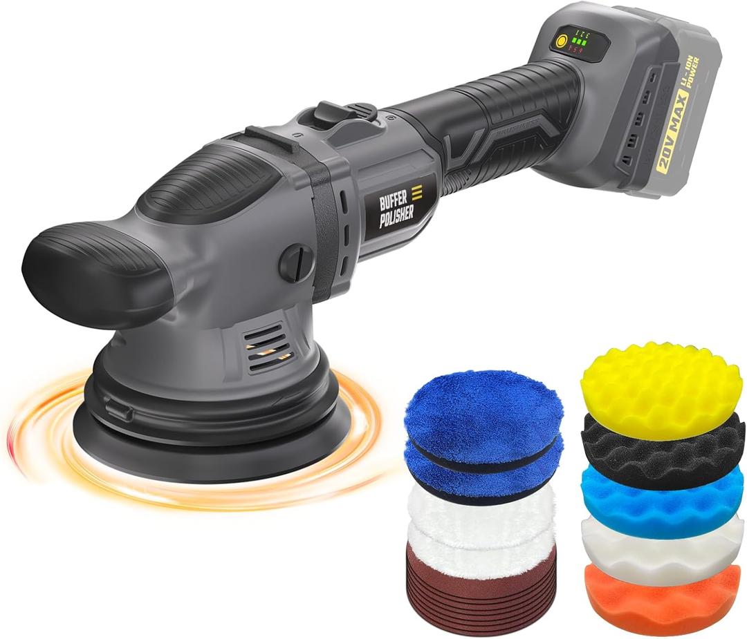VERVEWAVE Cordless Buffer Polisher Kit for Dewalt 20V Battery (No Battery), 6-Inch Orbital Car Polisher Variable Speed 18005500 RPM, 17PCS Polishing Accessories, for Car Polishing/Waxing (Tool Only) (Grey)