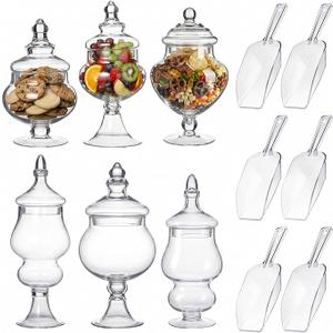 Mimorou 6 Sets Glass Apothecary Jars with Lids and Scoops 3 Styles Clear Candy Jars for Buffets Candy Display Containers Bath Salt Container Cookie Crafts Bathroom Kitchen Storage (Vintage)