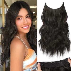 KooKaStyle Invisible Wire Hair Extensions with Transparent Headband Adjustable Size 4 Secure Clips Synthetic Hair Long Wavy Secret Wire Hairpiece for Women(Natural Black 16 Inch)