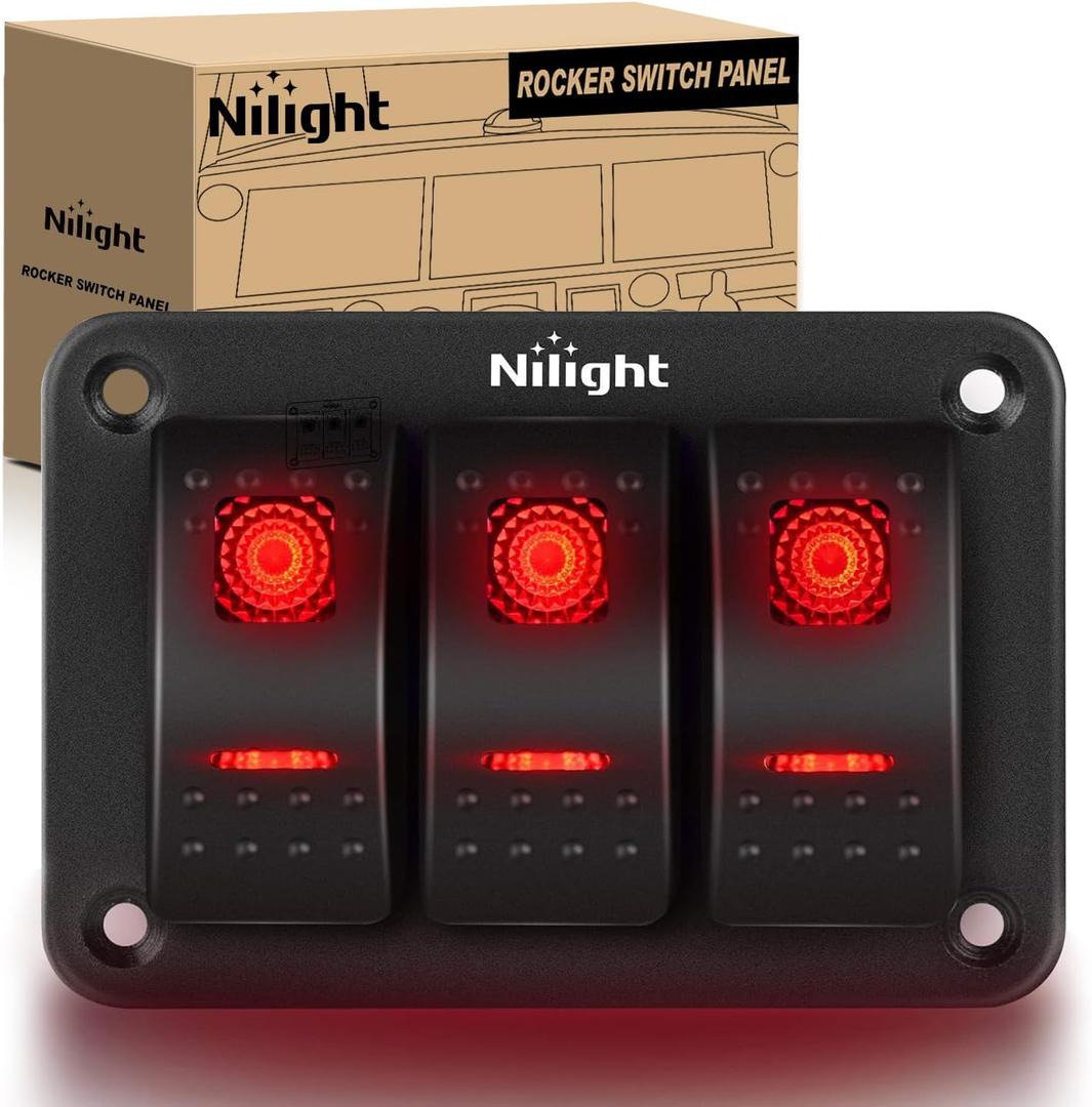 Nilight - 90019C 3 Gang Aluminum Rocker Switch Panel Toggle Dash 5 Pin ON/Off Pre-Wired Rocker Switch Red Backlit Switch for Automotive Car Marine Boat RV