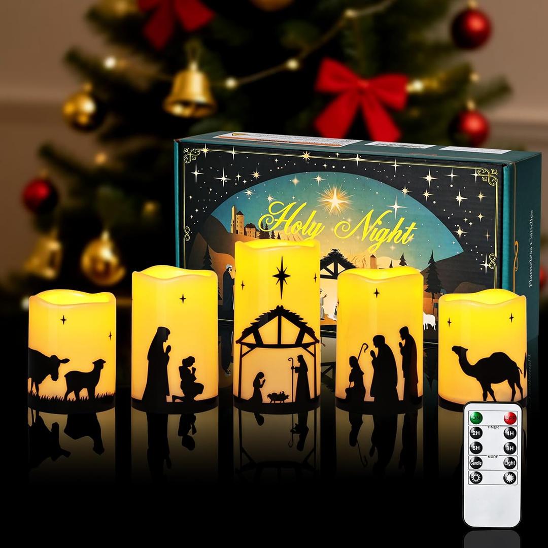 Christmas Decorations Indoor Outdoor - Nativity Set, Nativity Scene Candles with Remote Timer, Holiday Home Table Mantel Decor Centerpieces, Religious Gifts for Christians women, Flameless, Waterproof