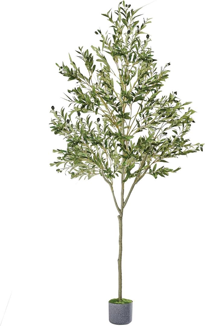 Faux Olive Tree 7ft, Artificial Olive Tree Indoor with Realistic Leaves Fruits, Fake Olive Trees Potted Topiary Tree with Dried Moss for Home Office Living Room Bedroom Stairs Foyer Decor