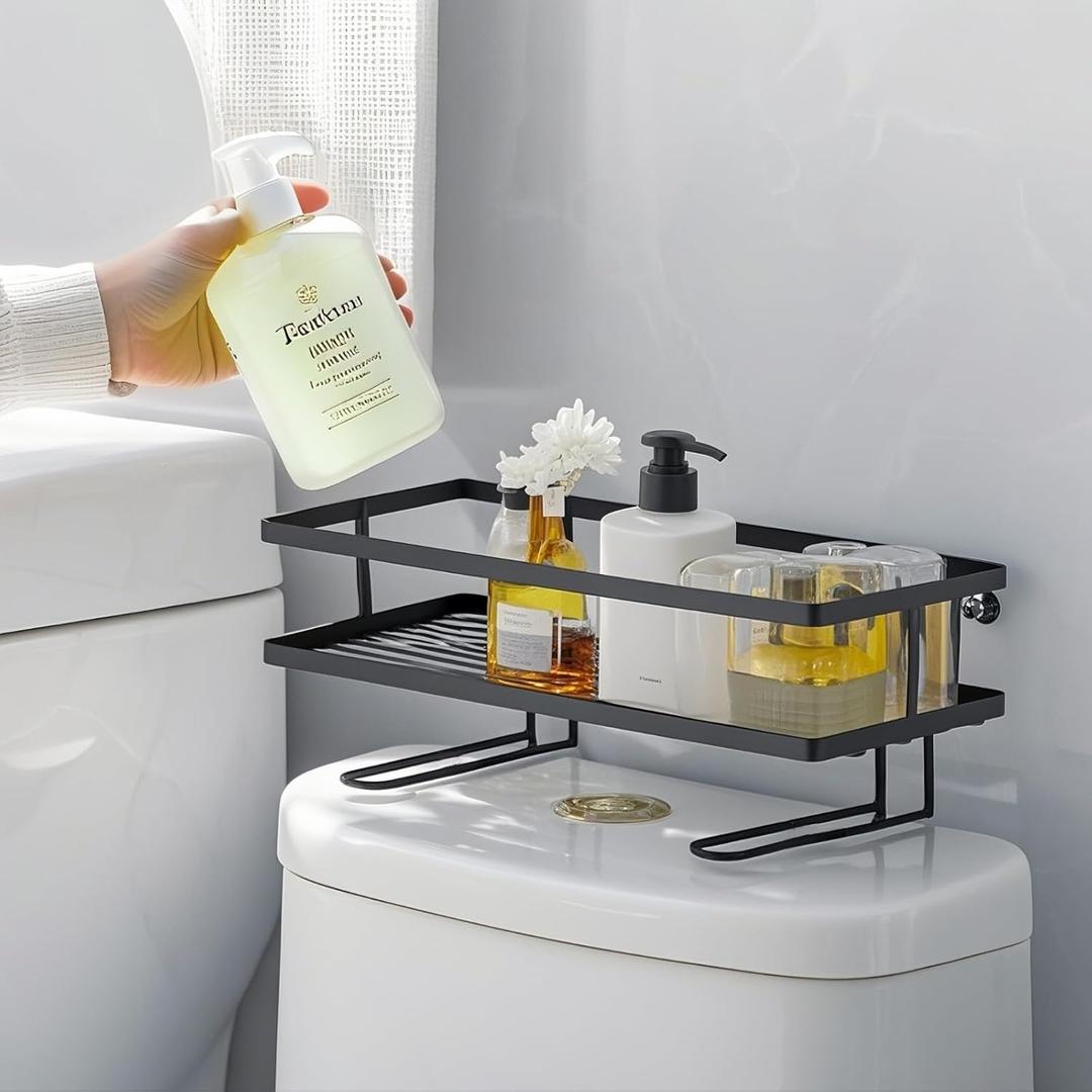 ShellKingdom Over The Toilet Storage Shelf, Toilet Paper Holder Stand Shelves, Punch-Free Bathroom Storage Rack with 2 Hooks, Small Space Organizers for Bathroom, Home, Countertop, Black (1 Tier)