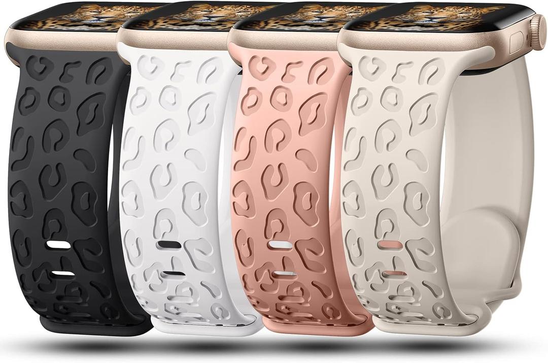 4Pack Leopard Engraved Bands Compatible with Apple Watch Band for women 42mm 44mm 45mm, Soft Silicone Cheetah Sport Strap for iWatch Series 10 9 8 7 6 5 4 3 2 1 Ultra/2 SE