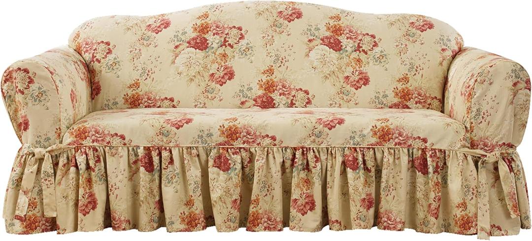 Waverly Ballad Bouquet Ruffled Sofa Slipcover, Sofa Cover with Cotton Floral One Piece Design and Ruffled Skirt, Machine Washable Sofa Cover, Blush
