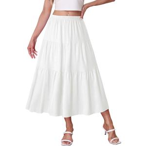 Kingfancy Women's Boho Midi Skirt A-Line Ruffle Elastic High Waist Tiered Flowy Skirts (White, M)