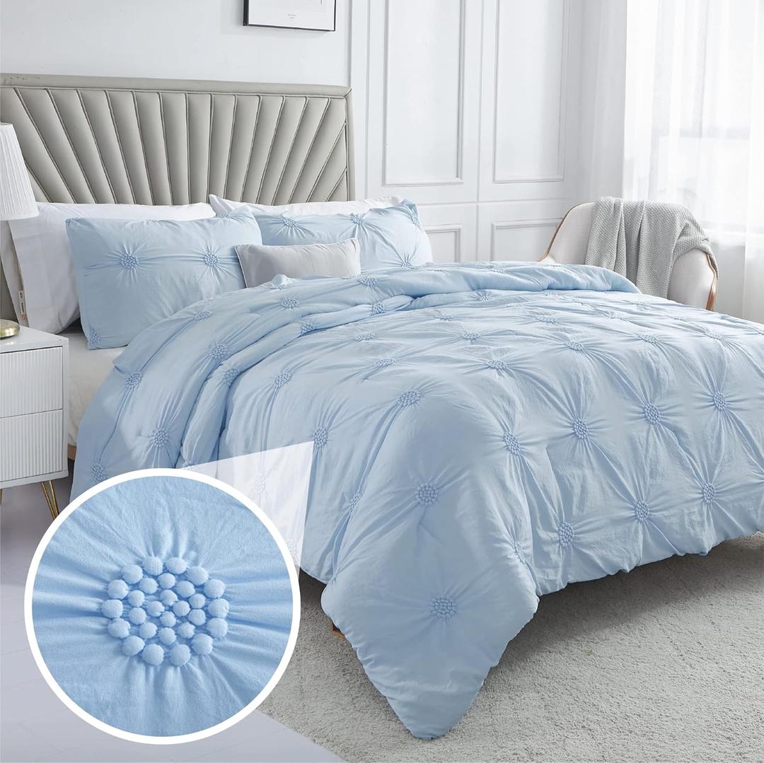 Swift Home King Baby Blue Comforter Set - Ruched 3D Floral Pintuck Bedding Set - 3 Pieces Bed Linen, 1 Comforter and 2 Pillow Shams