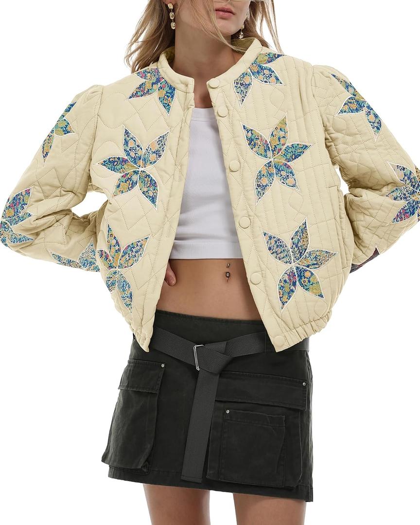 Gacaky Women's Lightweight Floral Embroidered Cropped Quilted Jacket Winter Warm Button Down Puffer Jacket Coat with Pockets (XXL)