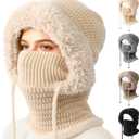 3 in 1 Beanie Hat for Women,3 in 1 Beanie Hat with Scarf and Mask,Knitted Ski Scarf and Mask Set,Womens Knit Beanie Hats (Beige)