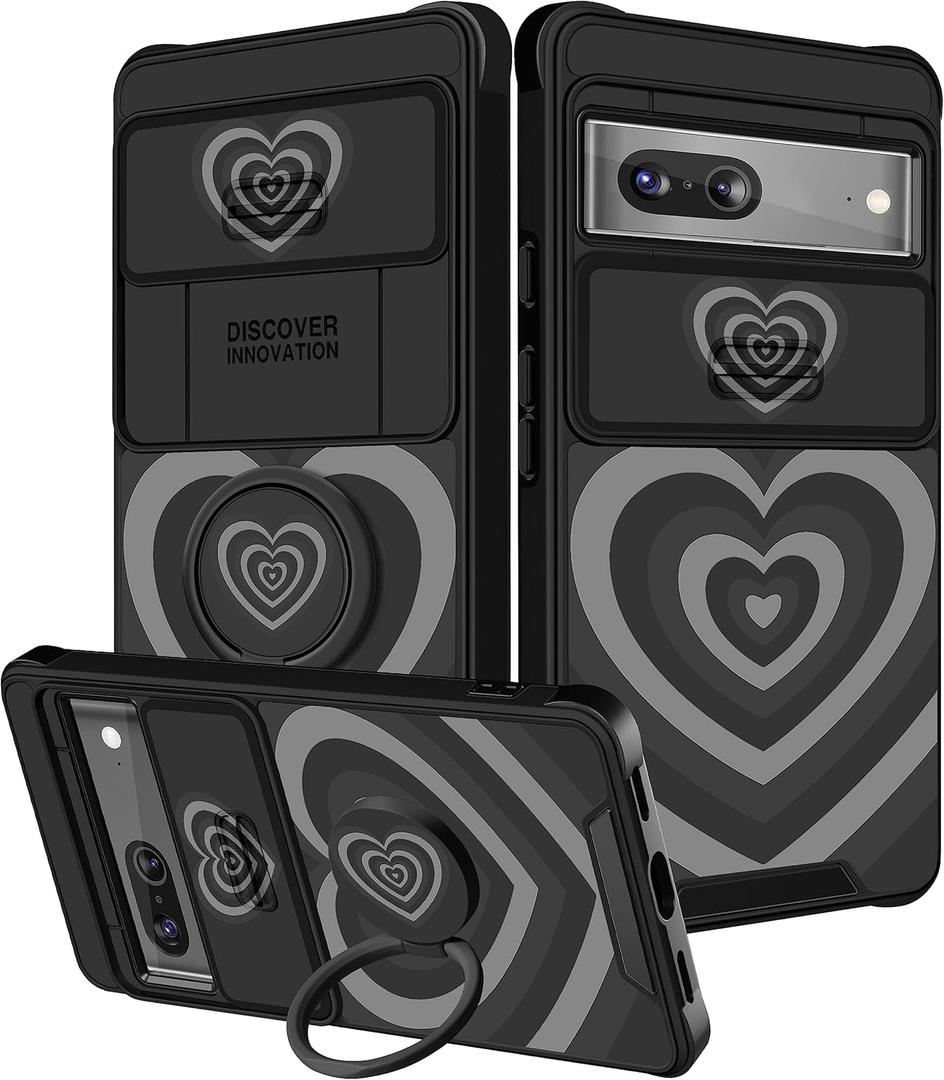 (2in1 for Google Pixel 7 Case for Women Cute Girls Love Heart Cool Phone Cover Black Heart Girly Pretty Kawaii Design with Camera Cover+ Ring Stand for Google Pixel 7 Phone Case