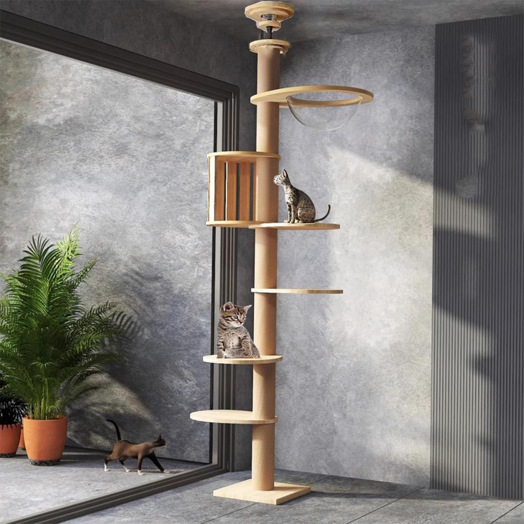 Floor to Ceiling cat Tree - Adjustable Height (95-98in,104.3-108.2in)- with Width 4.33 in Scratching Post,Cat Hammock,Fully Wrapped with sisal Rope - Heavy Duty cat Tree.(Holds 110 lbs) (Wood Color)