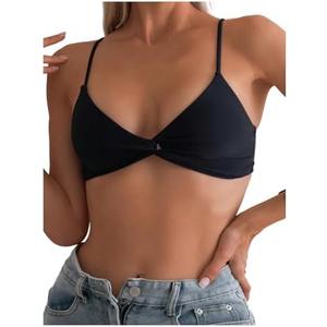 SOLY HUX Women's Twist Front Bikini Top V Neck Spaghetti Strap Swim Tops Bathing Suit, S, Black