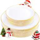 KIRE 60PCS Gold Plastic Plates - Thanksgiving Heavy Duty White Disposable Plates with Gold Rim for Party/Wedding- Include 30Pieces 10.25inch Dinner Plate and 30Pcs 7.5inch Dessert Plate