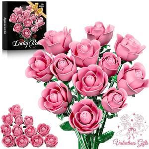 Pink Rose Bouquet Building Set for Girls & Boys - 12 Pack Botanical Collection Gift for Mother Day Mom/Her/Girlfriend/Wife/Couple, Gothic Emo Vintage Retro Artificial Flowers Botanical Collection