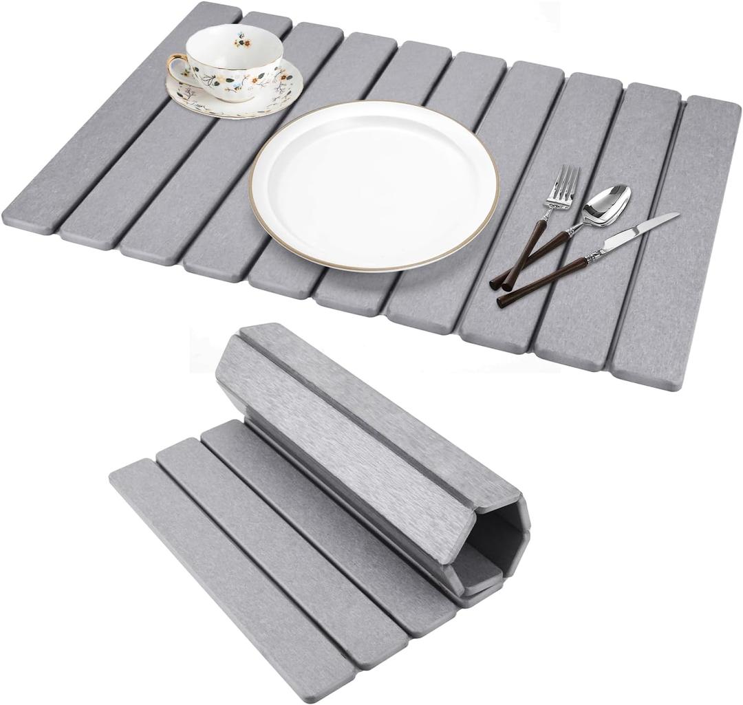 Stone Dish Drying Mat for Kitchen Counter,24"x16"  Collapsible Quick Drying Dish Mats,Absorbent Diatomaceous Earth Mat for Dishes,Cups,Utensils,Match Any Countertop (Light Gray)